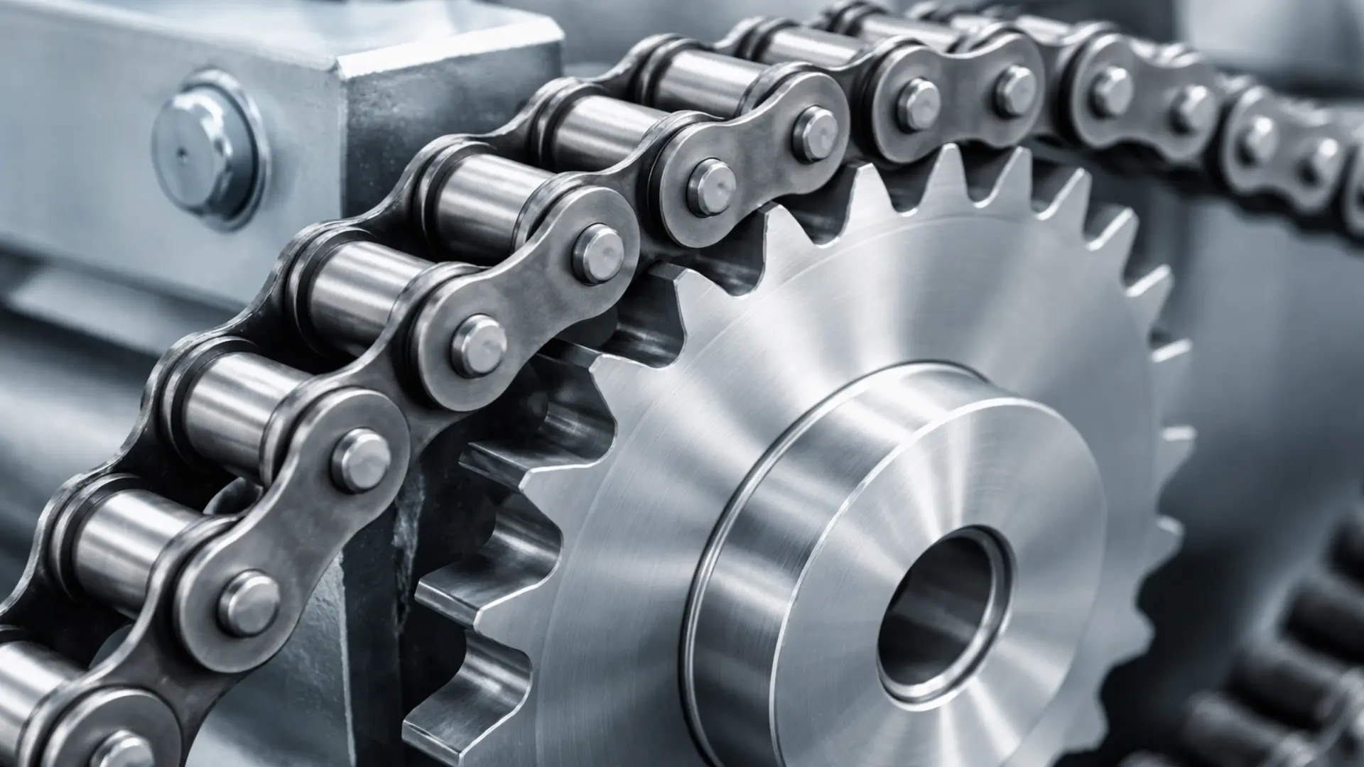 Roller chain engaged with sprocket in industrial power transmission system