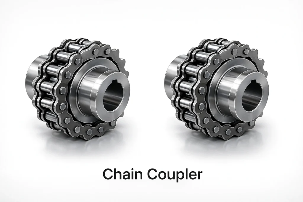 High quality steel chain couplers showing the dual sprocket and roller chain design used in industrial chain coupling and chain couplings for power transmission.