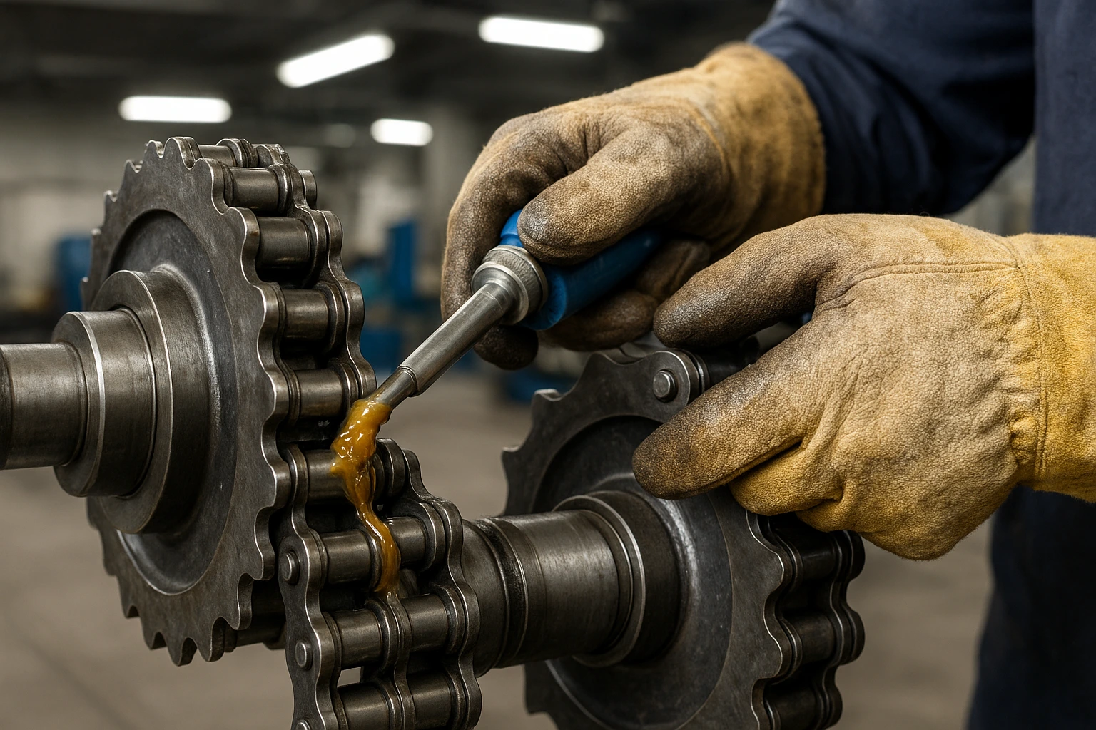 Technician applying grease to an industrial chain coupling, showing proper maintenance of chain couplers and chain couplings for smooth power transmission.