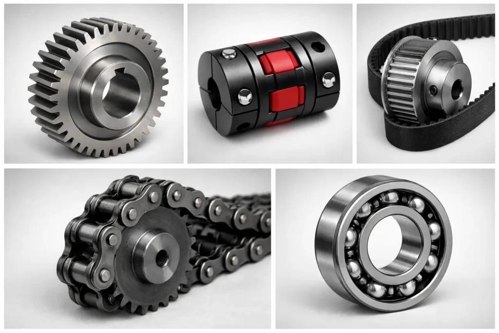 Industrial power transmission components including gears, couplings, belts, chains, and bearings