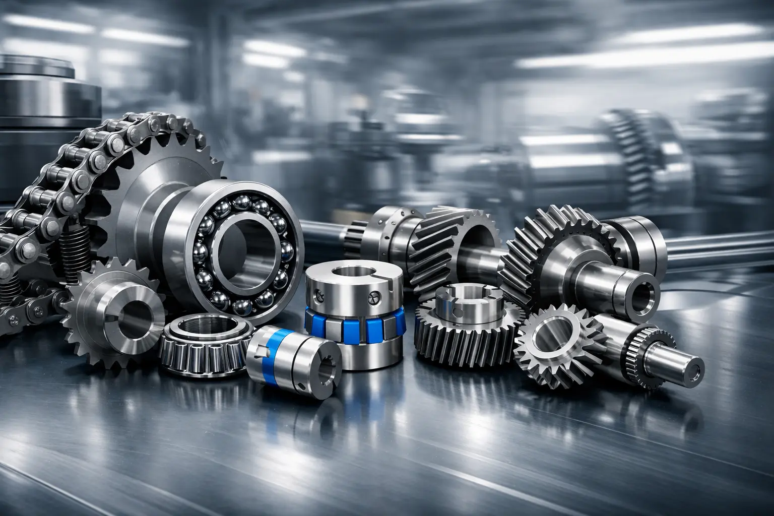 Industrial transmission components including roller chains, sprockets, bearings, couplings, and gears in a modern factory setting.