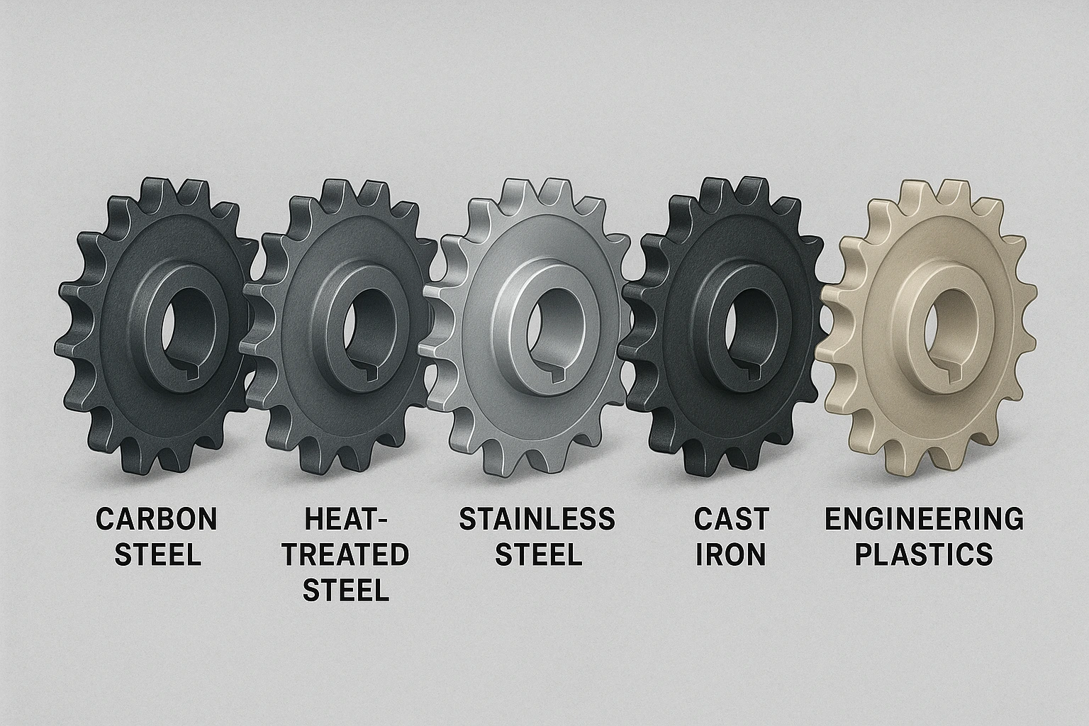 Side-by-side comparison of chain and sprocket materials including carbon steel, stainless steel, cast iron and engineering plastic