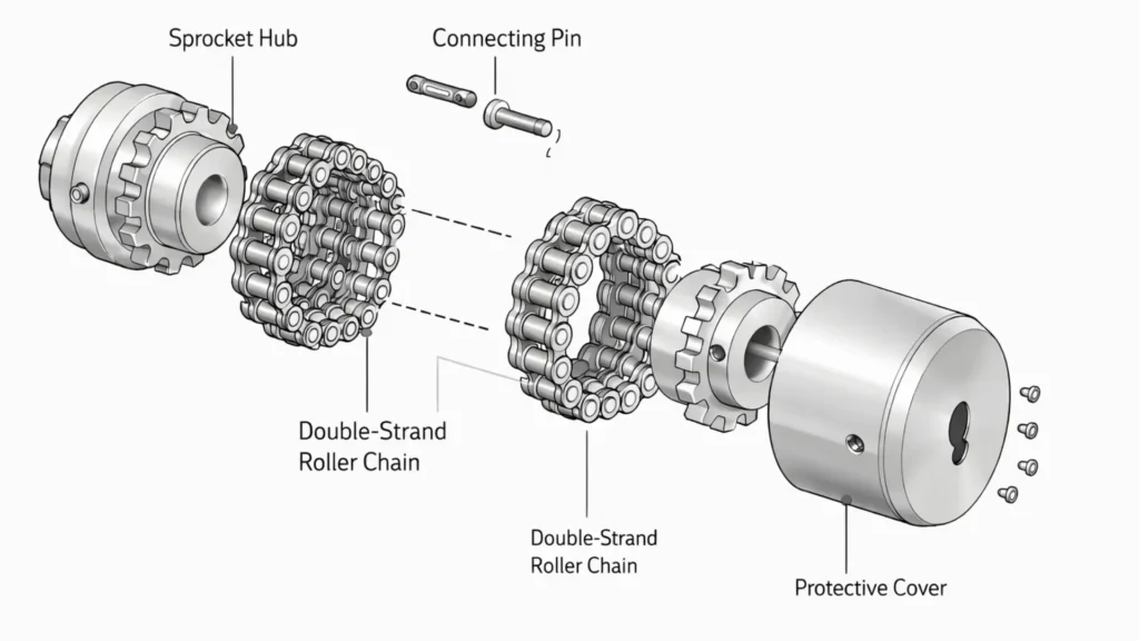 iagram showing sprocket hubs, roller chain, and connecting pin in a chain coupling
