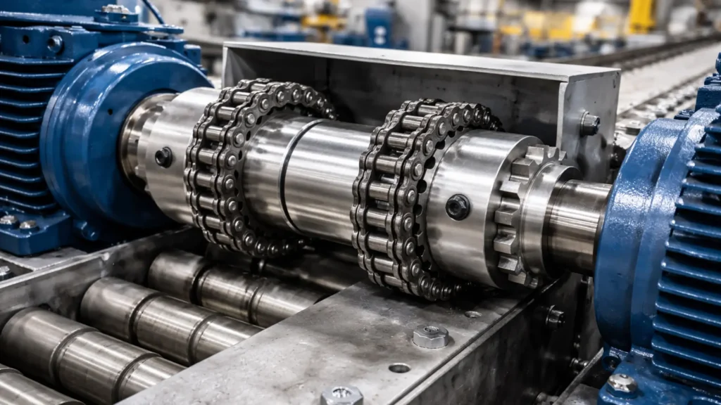 Chain coupling installed on industrial conveyor system in manufacturing plant