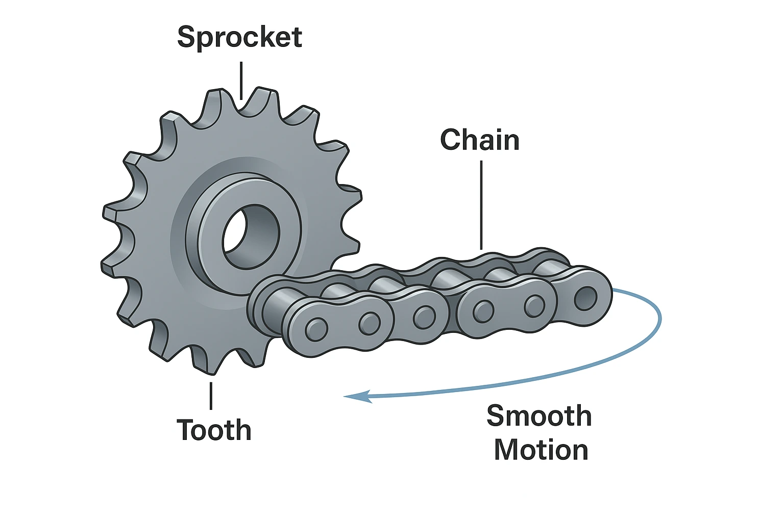 Diagram of roller chain sprocket showing chain sprocket teeth engagement and smooth motion