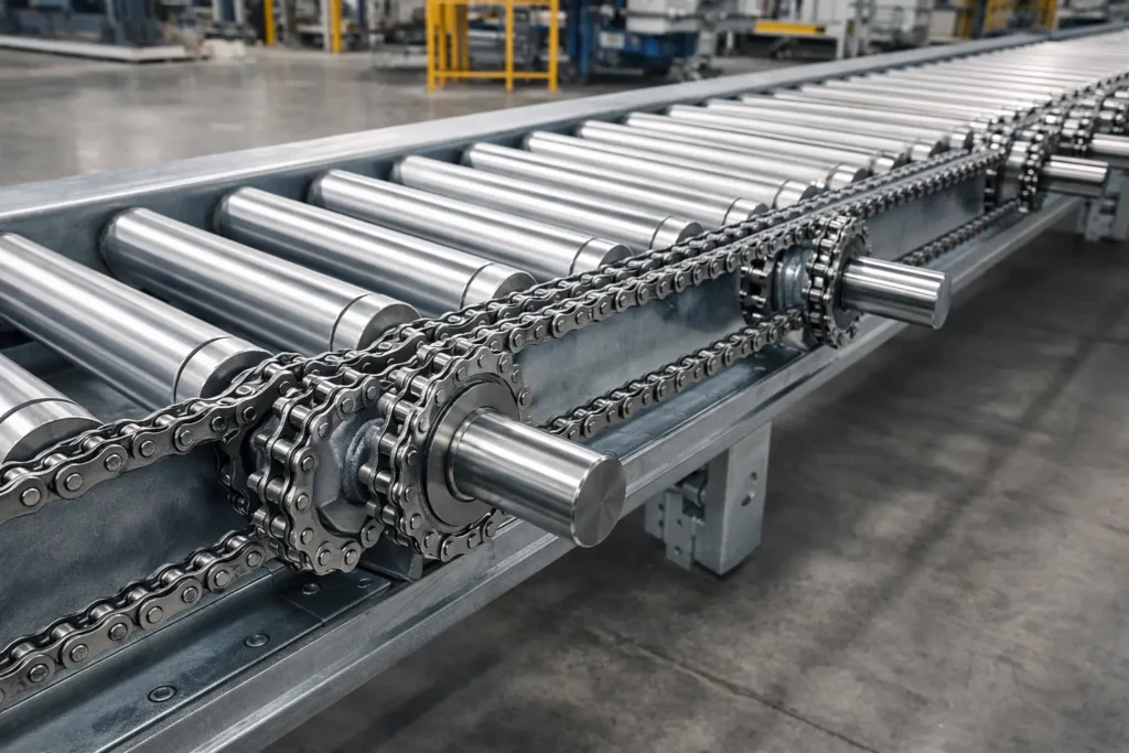 Double single sprocket used in a chain-driven live roller conveyor system