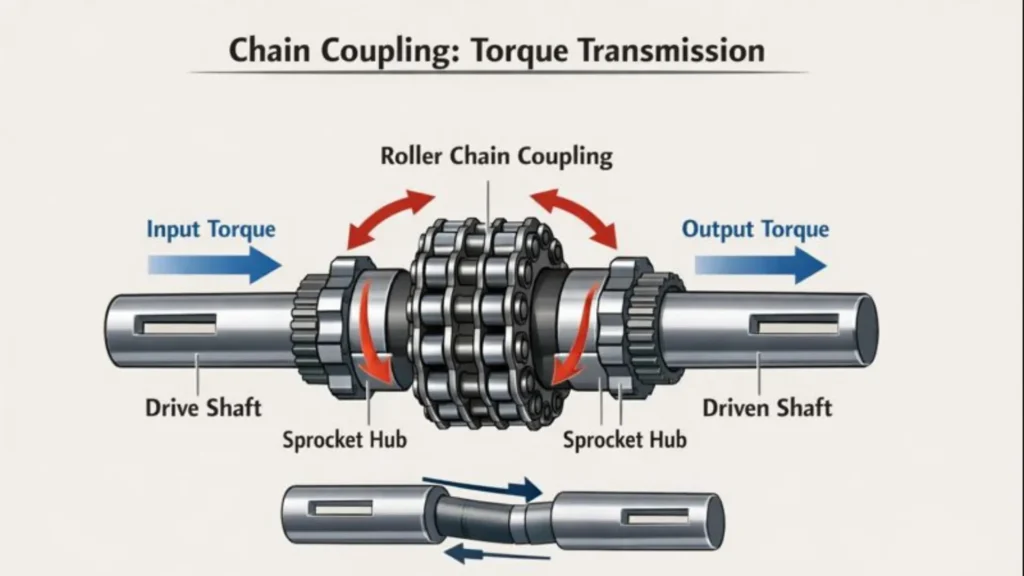 Illustration explaining how a chain coupling transmits torque between two shafts