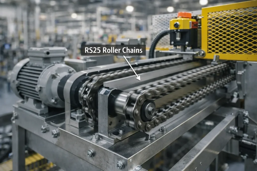 Industrial conveyor with RS25 roller chains protected by shock relays