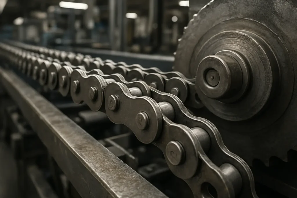 Close-up of industrial roller chain on conveyor system in factory