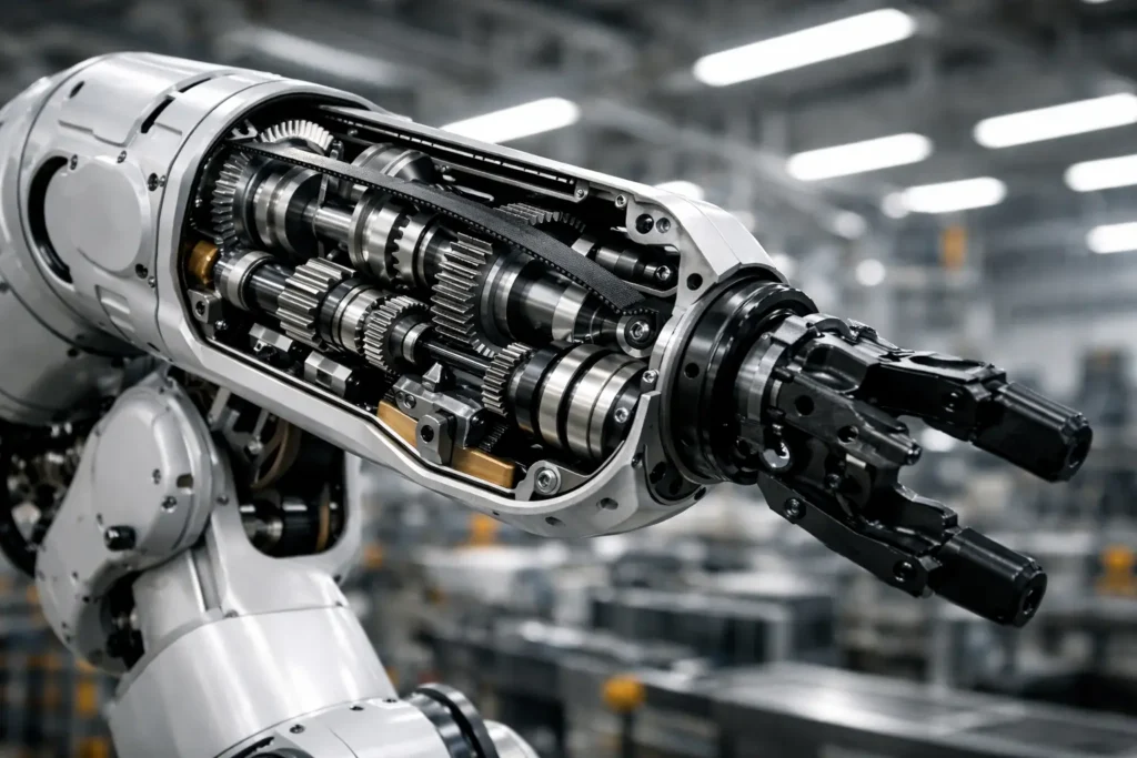 Power transmission components including gears and belts inside an industrial robotic arm used in automation