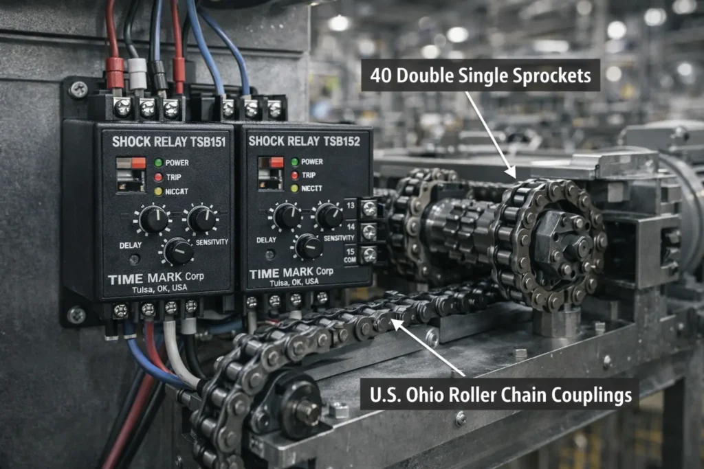 TSB151 and TSB152 relays protecting chain drive system with sprockets and couplings
