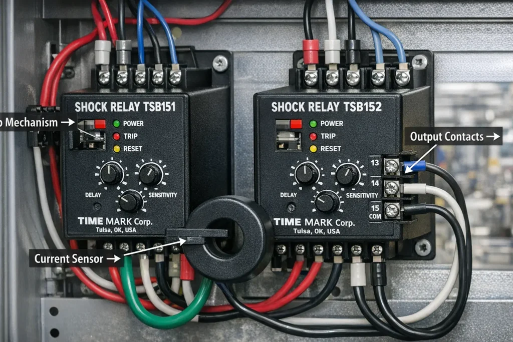 TSB151 and TSB152 shock relays in industrial control panel
