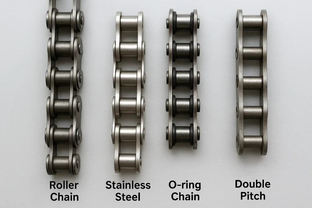 Different types of industrial chains including roller, stainless steel, O-ring, and double pitch chains