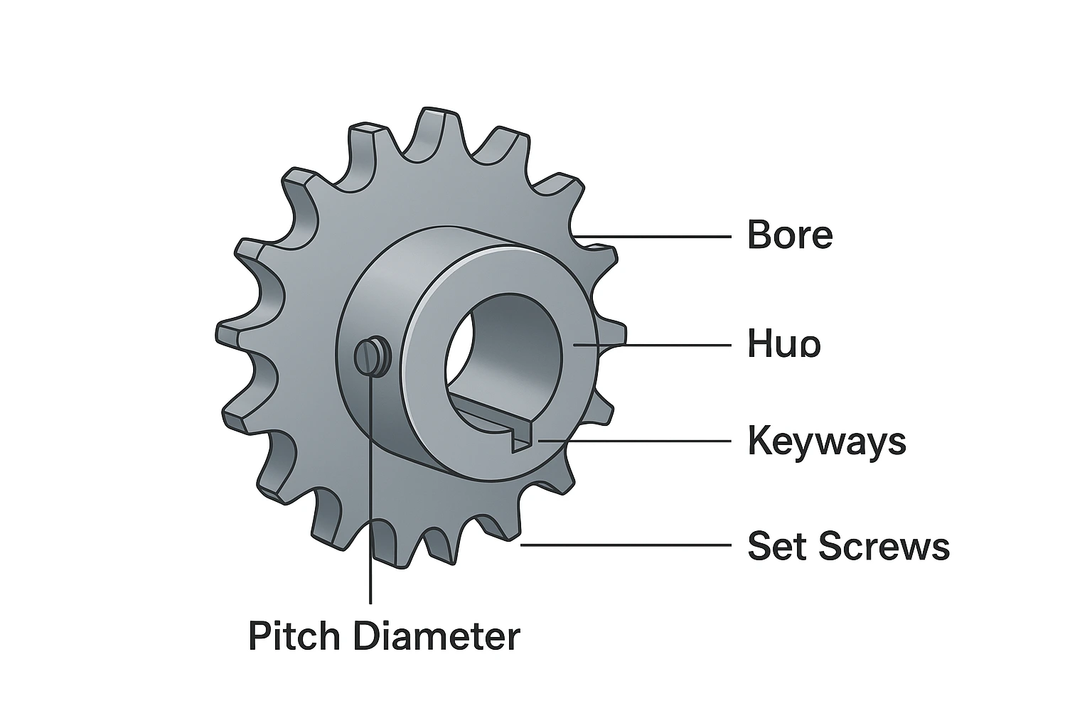 Detailed technical diagram showing types of sprockets with labeled teeth, hub, bore and keyways