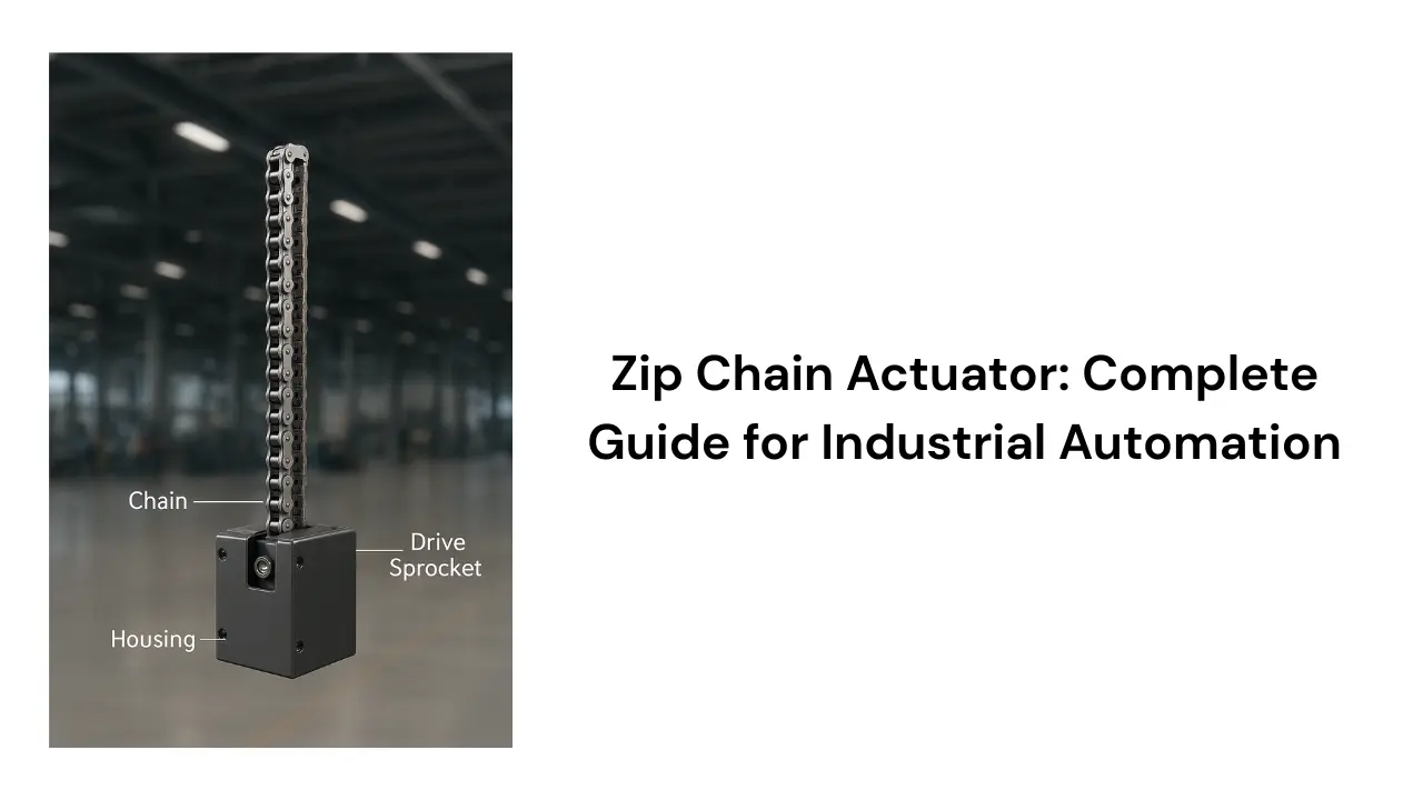 Vertical zip chain actuator with labeled parts including chain, drive sprocket, and housing in an industrial environment.