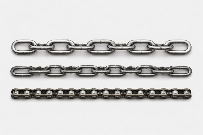 Different types of chains displayed side by side, including decorative, industrial, and roller chains, to help measure chain size and type.