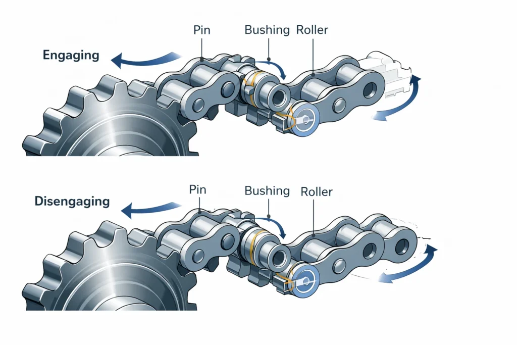 Diagram showing how a roller chain engages with a sprocket and how the pin, bushing, and roller move