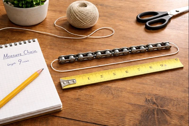 Household setup showing a roller chain measured with a ruler and string on a wooden table, explaining how to measure chain accurately.