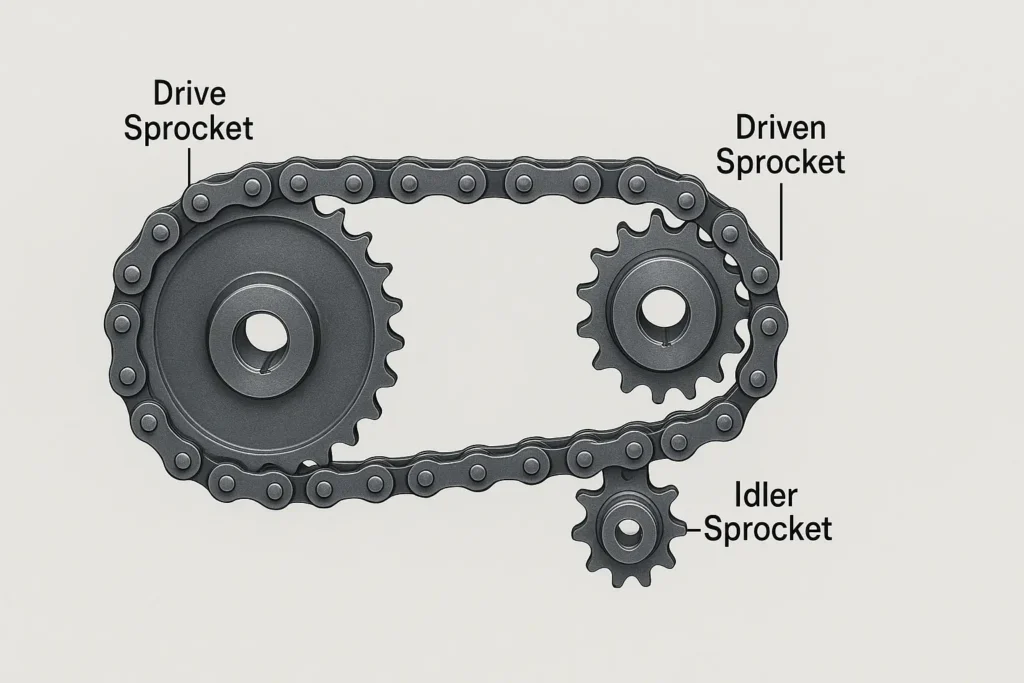 Idler sprocket positioned on the slack side of a chain drive system