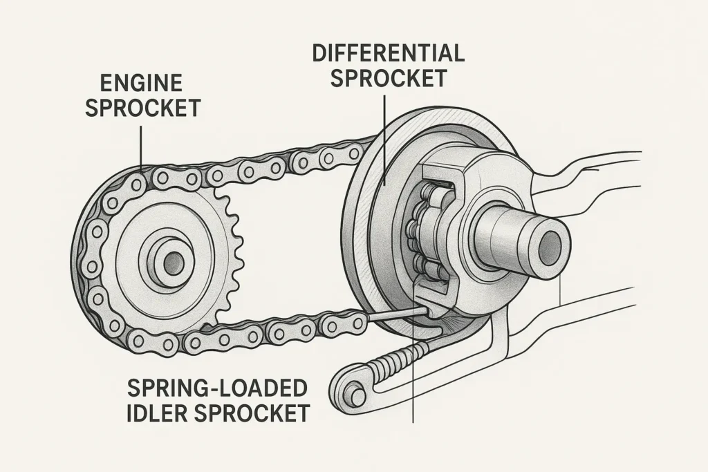 Idler sprocket used for chain tension control in a differential system