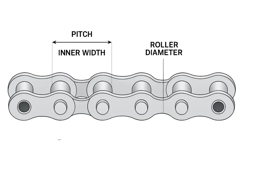 Industrial roller chain diagram showing pitch, inner width, and roller diameter measurements
