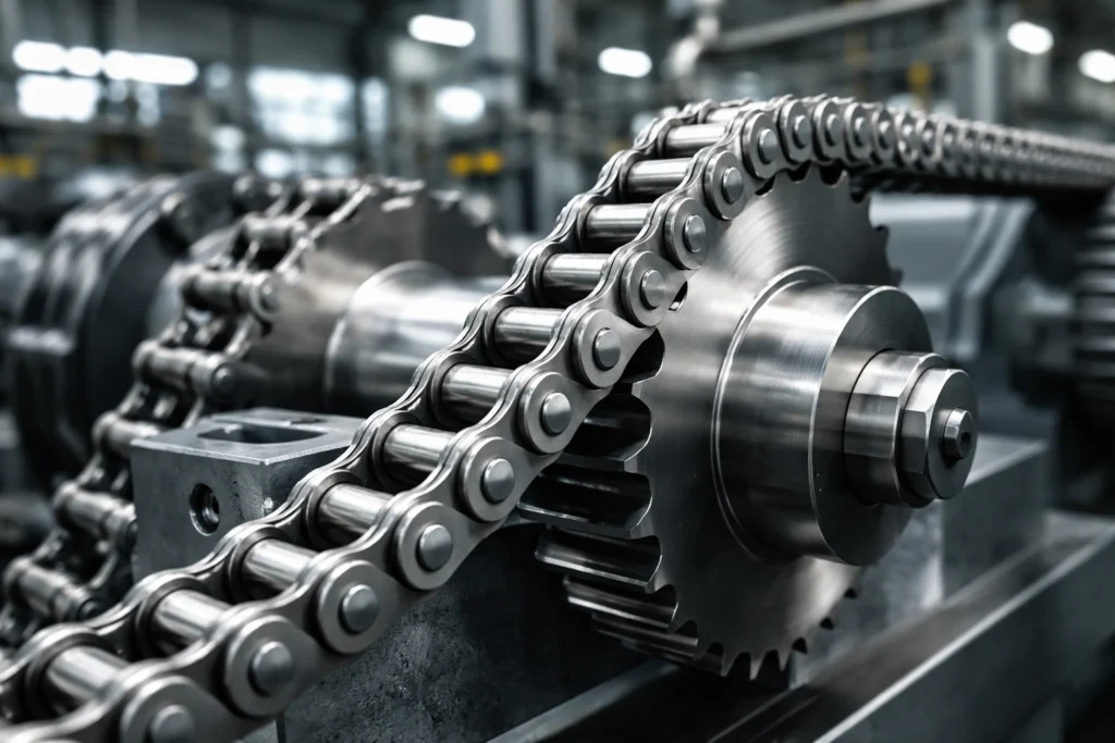 Industrial roller chain engaged with steel sprockets in a power transmission system