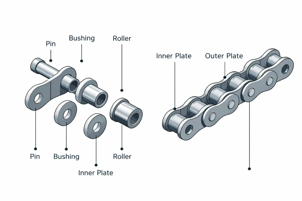 Labeled diagram showing roller chain parts including pin, bushing, roller, inner plate, and outer plate