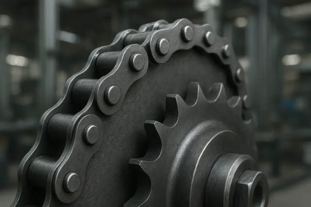 Industrial roller chain correctly fitted on sprocket showing proper engagement
