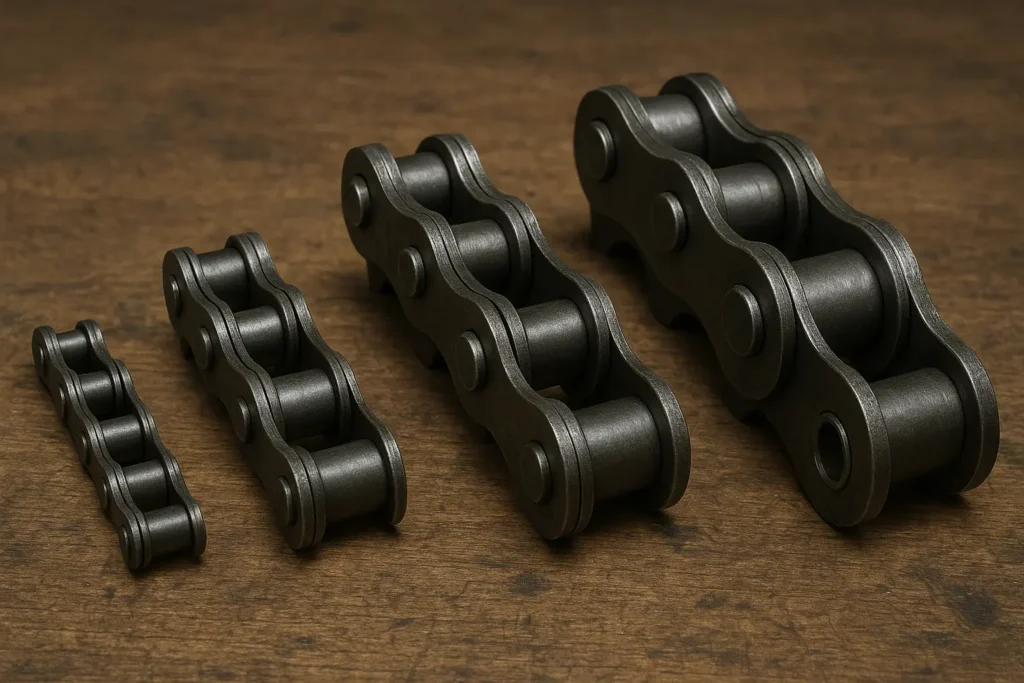 Comparison of small, medium, and large industrial roller chain sizes
