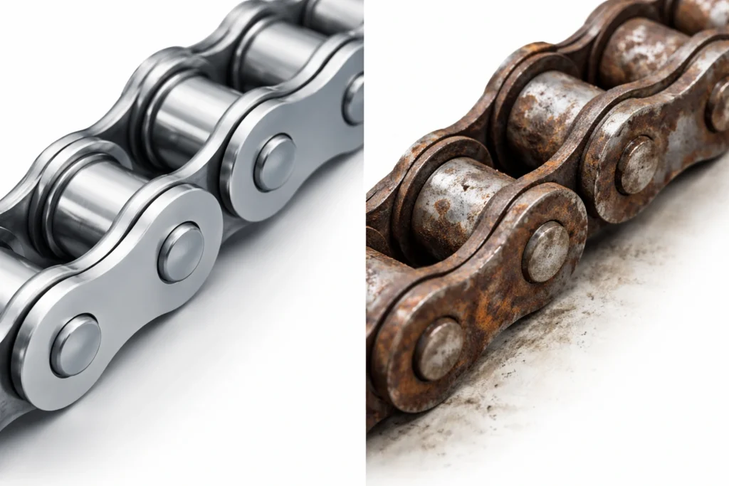 Comparison of new roller chain and worn chain showing rust, wear, and elongation